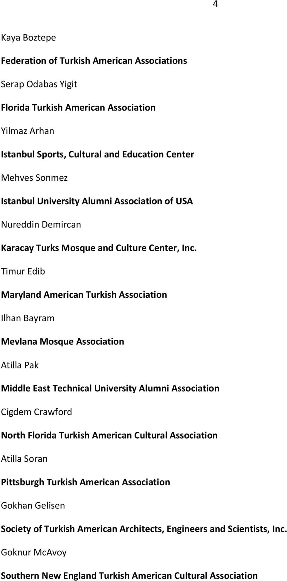 Timur Edib Maryland American Turkish Association Ilhan Bayram Mevlana Mosque Association Atilla Pak Middle East Technical University Alumni Association Cigdem Crawford North Florida