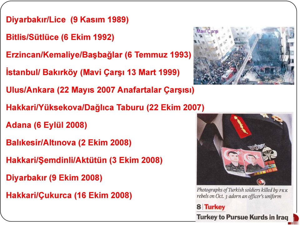 Çarşısı) Hakkari/Yüksekova/Dağlıca ğ Taburu (22 Ekim 2007) Adana (6 Eylül 2008) Balıkesir/Altınova (2