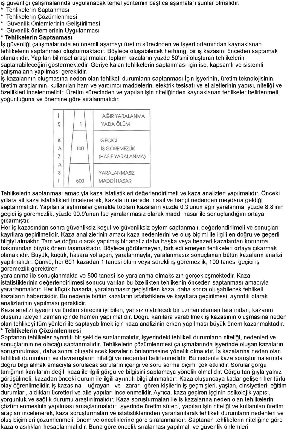 aşamayı üretim sürecinden ve işyeri ortamından kaynaklanan tehlikelerin saptanması oluşturmaktadır. Böylece oluşabilecek herhangi bir iş kazasını önceden saptamak olanaklıdır.