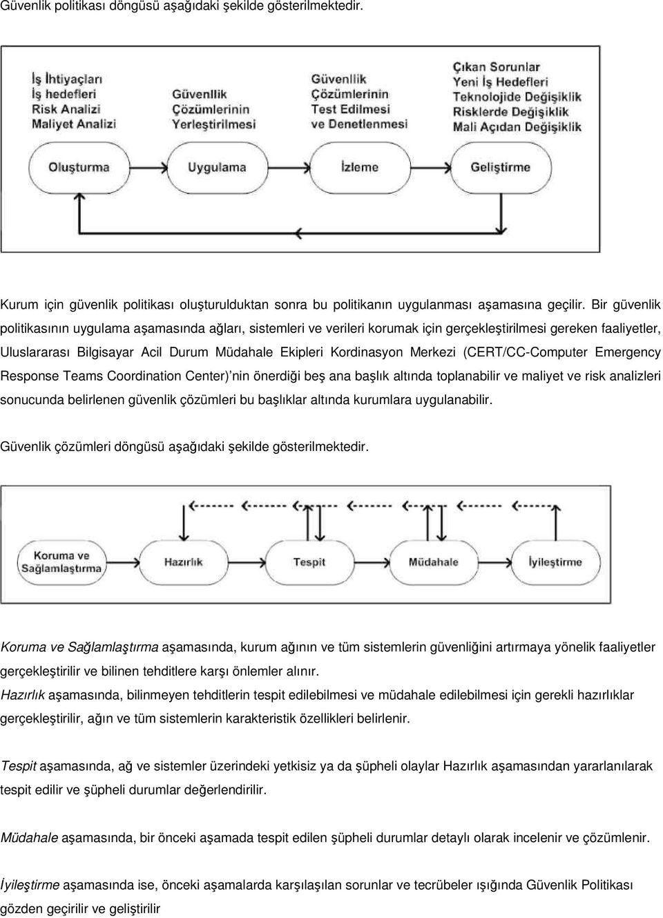 Merkezi (CERT/CC-Computer Emergency Response Teams Coordination Center) nin önerdiği beş ana başlık altında toplanabilir ve maliyet ve risk analizleri sonucunda belirlenen güvenlik çözümleri bu