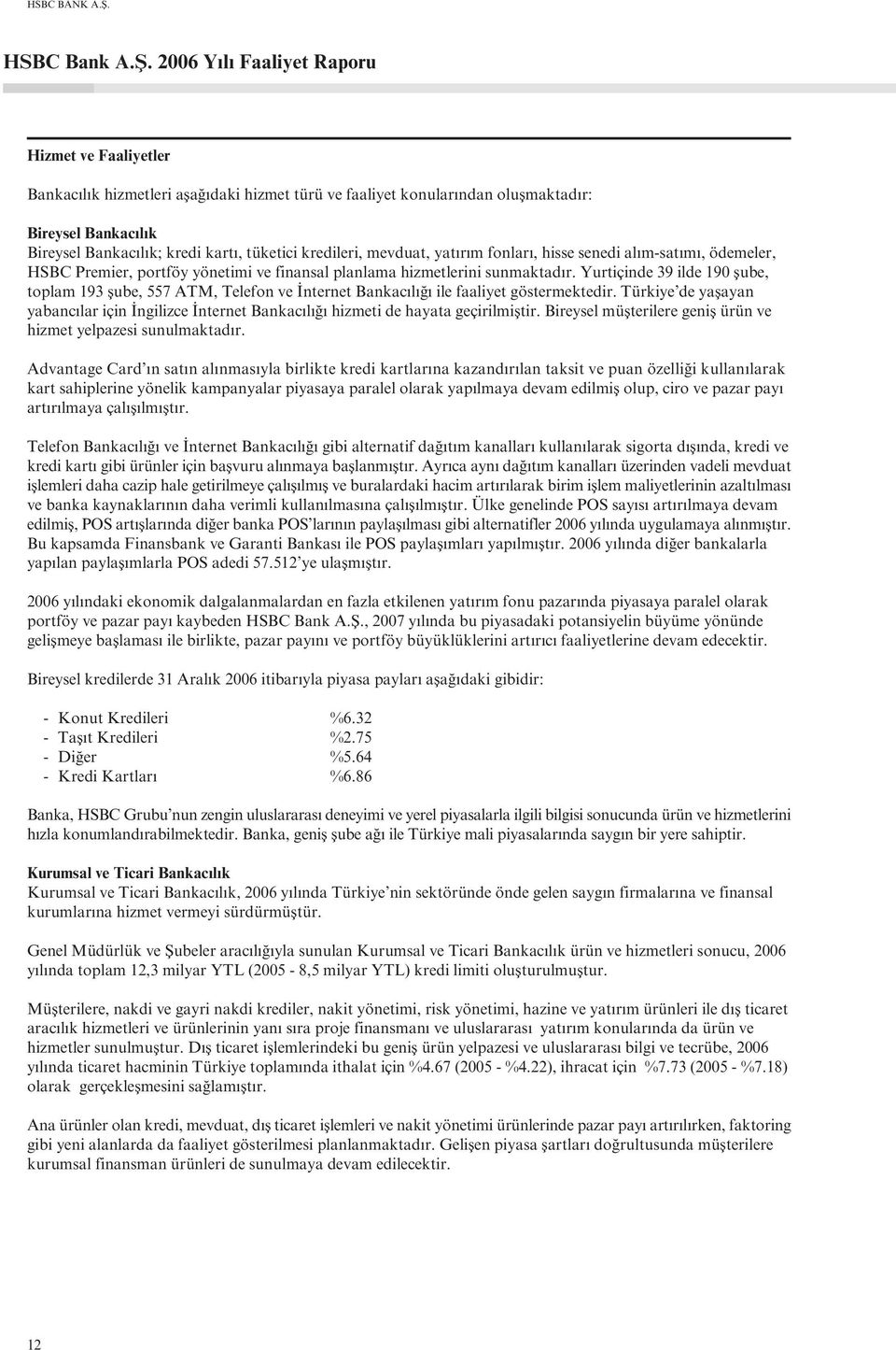 2006 Y l Faaliyet Raporu Hizmet ve Faaliyetler Bankac l k hizmetleri afla daki hizmet türü ve faaliyet konular ndan oluflmaktad r: Bireysel Bankac l k Bireysel Bankac l k; kredi kart, tüketici