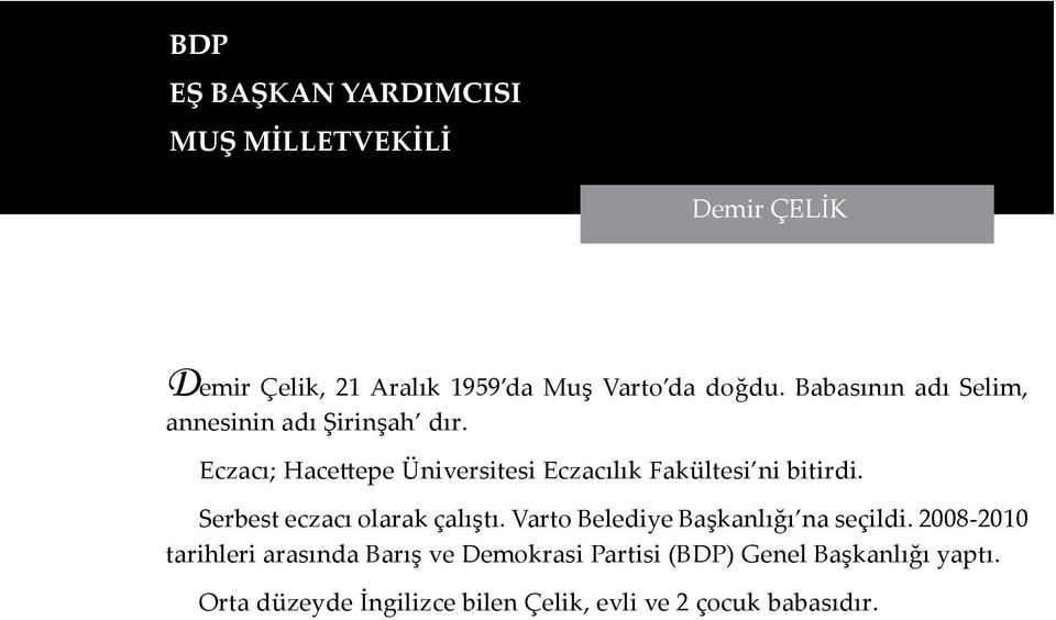 Eczacı; Hacettepe Üniversitesi Eczacılık Fakültesi ni bitirdi. Serbest eczacı olarak çalıştı.