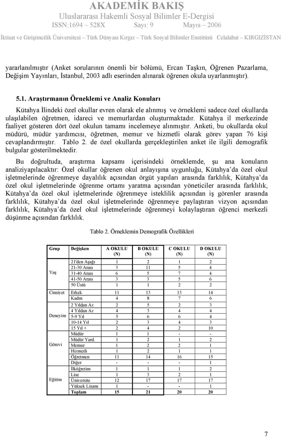 Kütahya il merkezinde faaliyet gösteren dört özel okulun tamamı incelemeye alınmıştır.