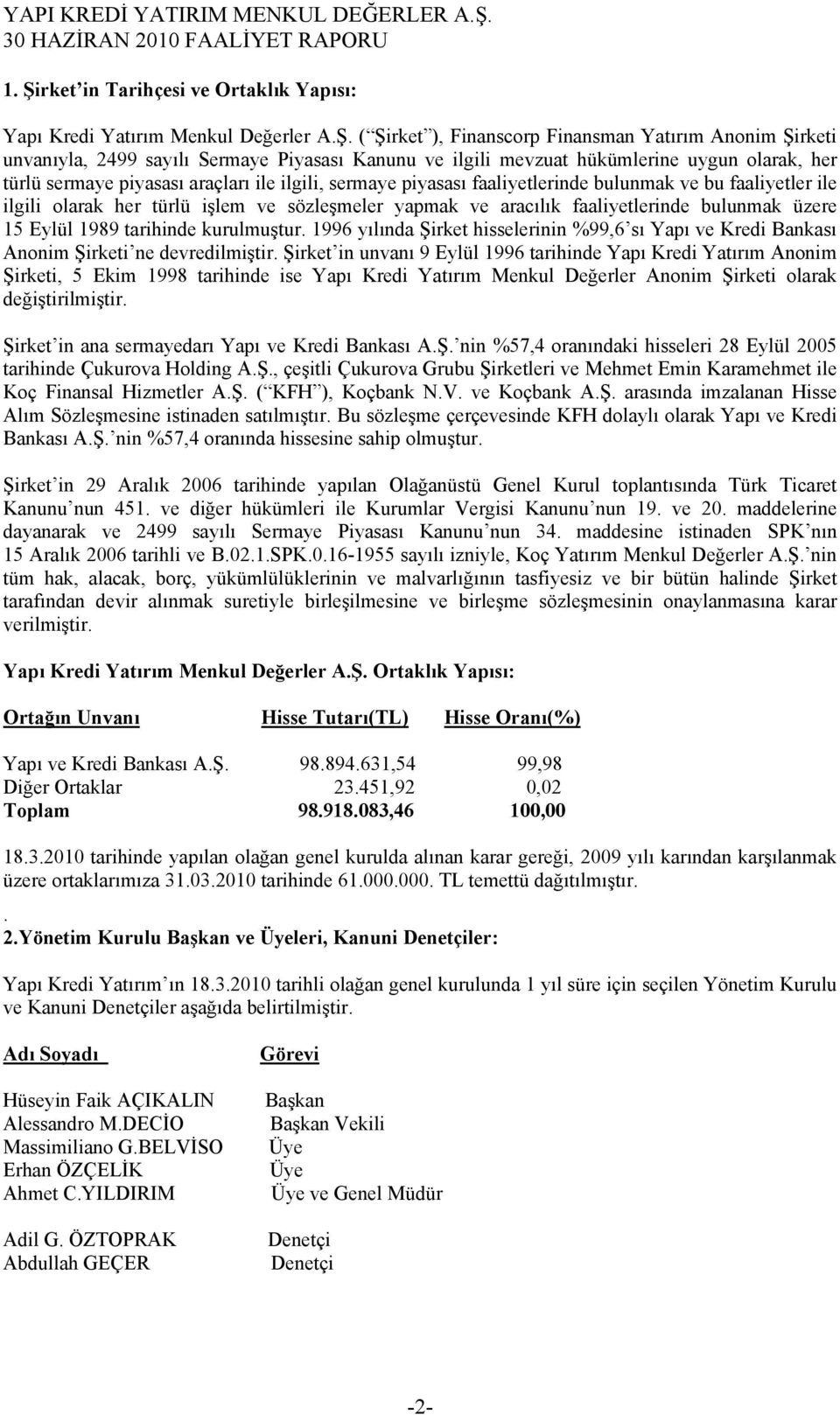 ve aracılık faaliyetlerinde bulunmak üzere 15 Eylül 1989 tarihinde kurulmuştur. 1996 yılında Şirket hisselerinin %99,6 sı Yapı ve Kredi Bankası Anonim Şirketi ne devredilmiştir.