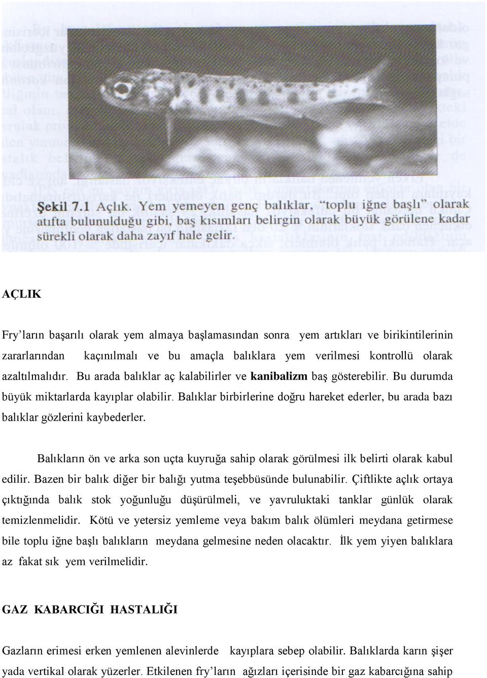 Balıklar birbirlerine doğru hareket ederler, bu arada bazı balıklar gözlerini kaybederler. Balıkların ön ve arka son uçta kuyruğa sahip olarak görülmesi ilk belirti olarak kabul edilir.