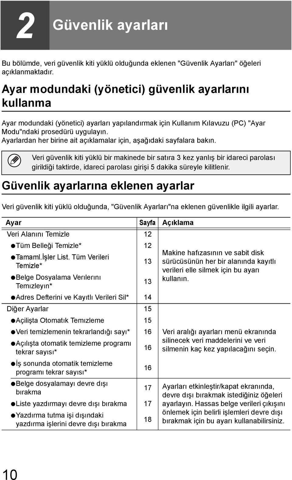 Ayarlardan her birine ait açıklamalar için, aşağıdaki sayfalara bakın.