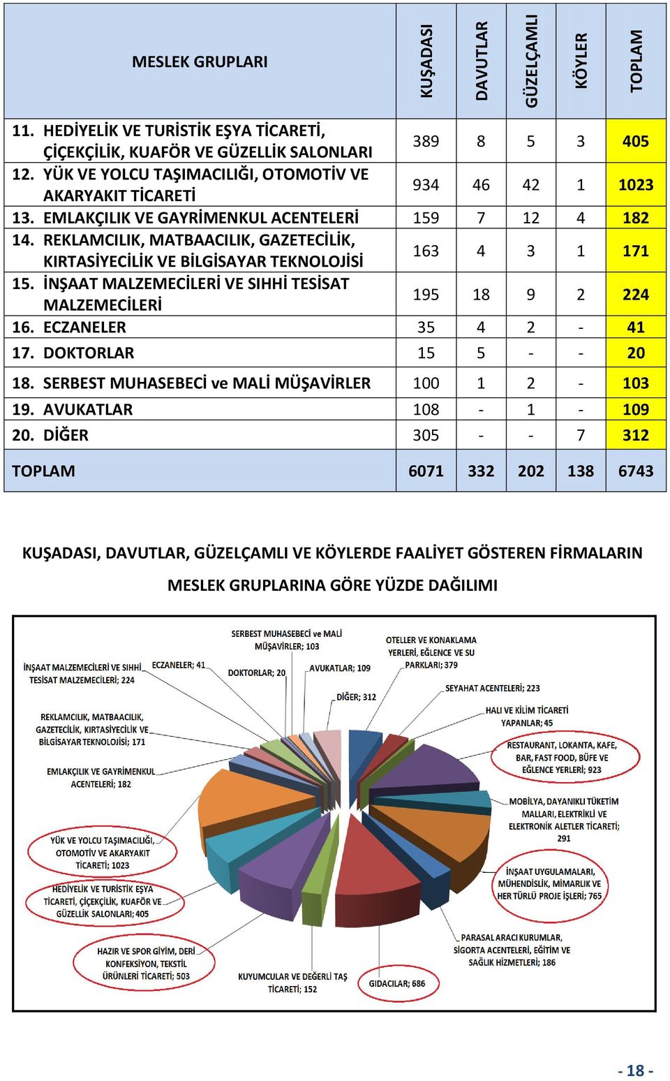 REKLAMCILIK, MATBAACILIK, GAZETECİLİK, KIRTASİYECİLİK VE BİLGİSAYAR TEKNOLOJİSİ 163 4 3 1 171 15. İNŞAAT MALZEMECİLERİ VE SIHHİ TESİSAT MALZEMECİLERİ 195 18 9 2 224 16.