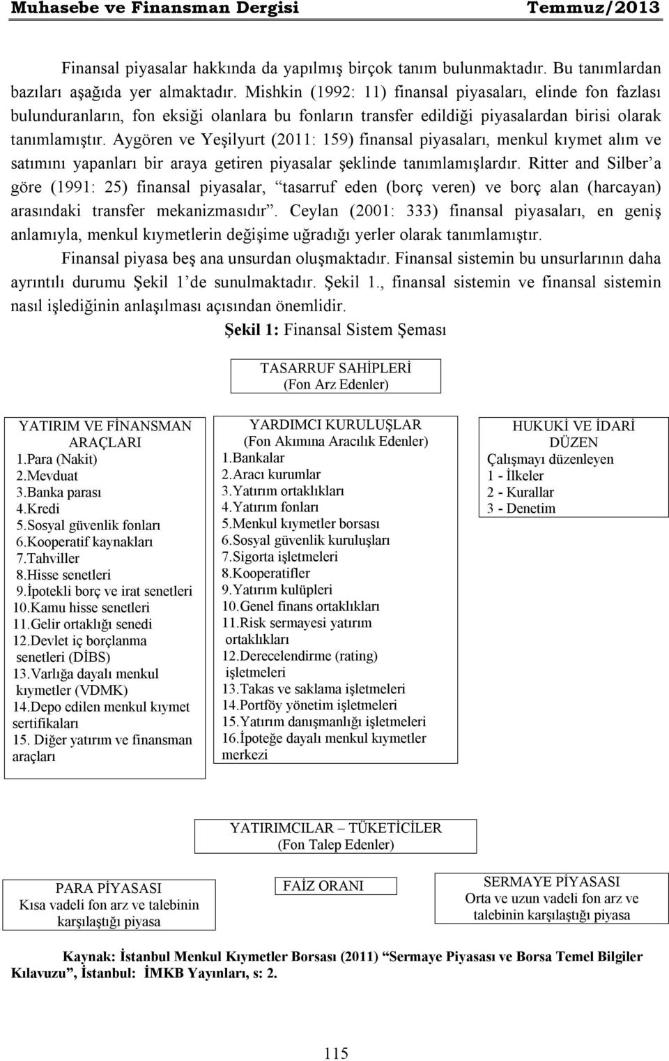 Aygören ve Yeşilyurt (2011: 159) finansal piyasaları, menkul kıymet alım ve satımını yapanları bir araya getiren piyasalar şeklinde tanımlamışlardır.