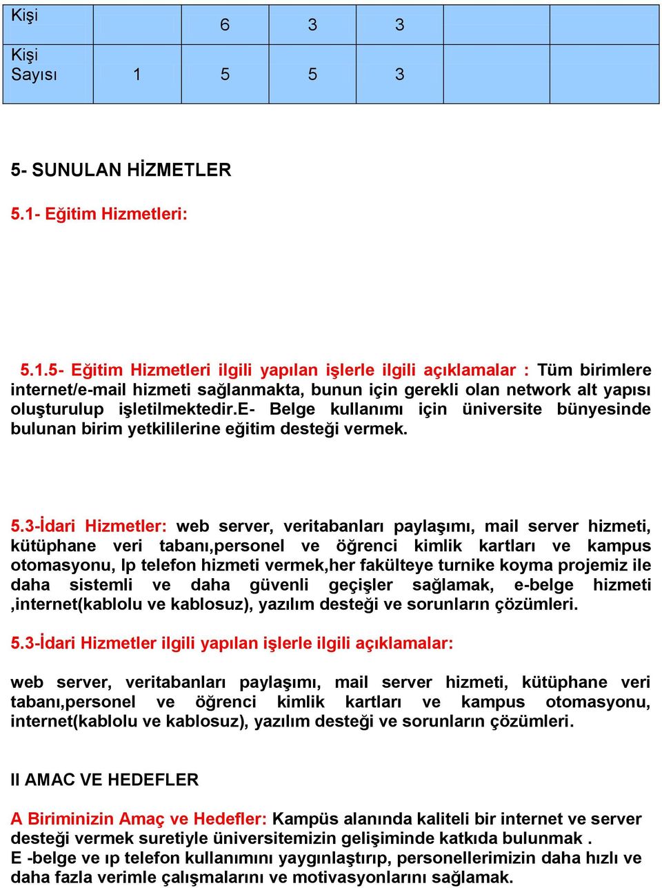 3-Ġdari Hizmetler: web server, veritabanları paylaģımı, mail server hizmeti, kütüphane veri tabanı,personel ve öğrenci kimlik kartları ve kampus otomasyonu, Ip telefon hizmeti vermek,her fakülteye