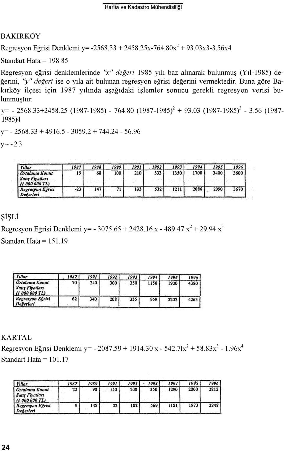 Buna göre Bakırköy ilçesi için 1987 yılında aşağıdaki işlemler sonucu gerekli regresyon verisi bulunmuştur: y= - 2568.33+2458.25 (1987-1985) - 764.80 (1987-1985) 2 + 93.03 (1987-1985) 3-3.