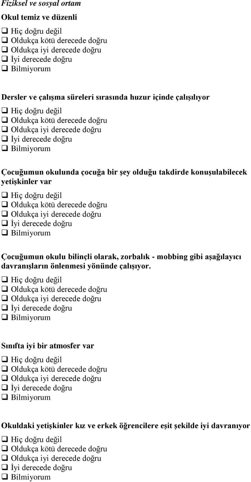 Çocuğumun okulu bilinçli olarak, zorbalık - mobbing gibi aşağılayıcı davranışların önlenmesi yönünde