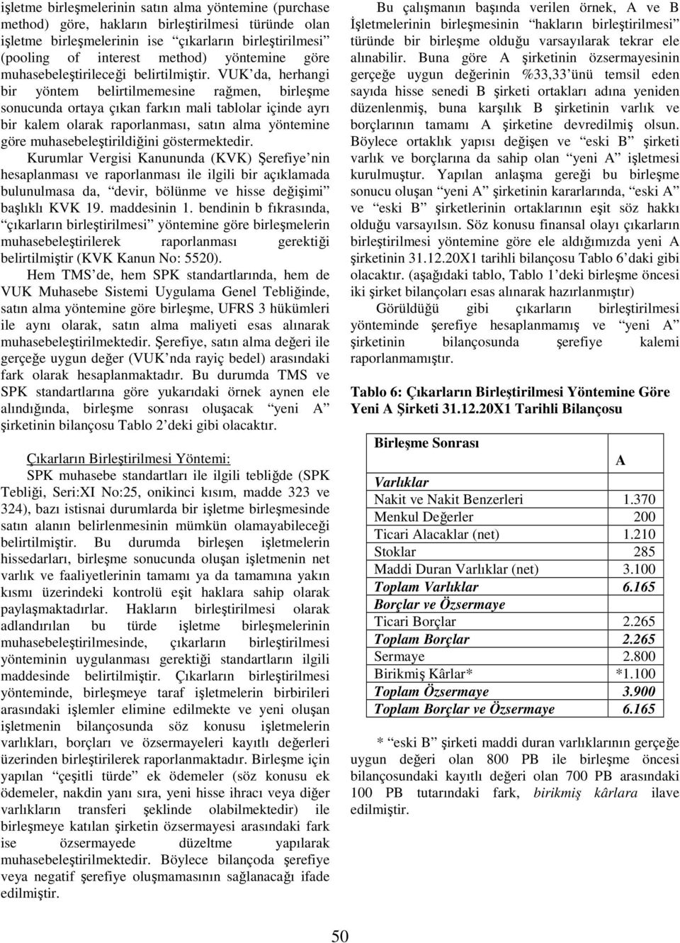 VUK da, herhangi bir yöntem belirtilmemesine rağmen, birleşme sonucunda ortaya çıkan farkın mali tablolar içinde ayrı bir kalem olarak raporlanması, satın alma yöntemine göre muhasebeleştirildiğini