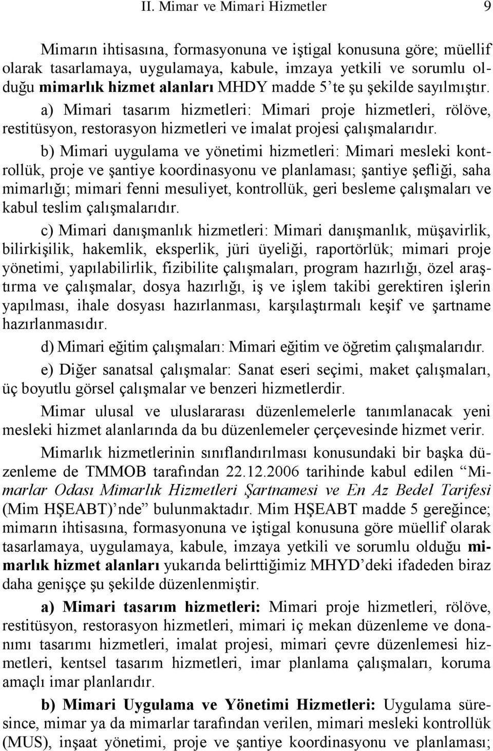 b) Mimari uygulama ve yönetimi hizmetleri: Mimari mesleki kontrollük, proje ve Ģantiye koordinasyonu ve planlaması; Ģantiye Ģefliği, saha mimarlığı; mimari fenni mesuliyet, kontrollük, geri besleme