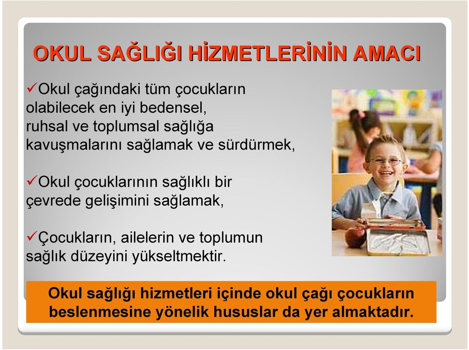 sağlıklı bir çevrede gelişimini sağlamak, Çocukların, ailelerin ve toplumun sağlık düzeyini