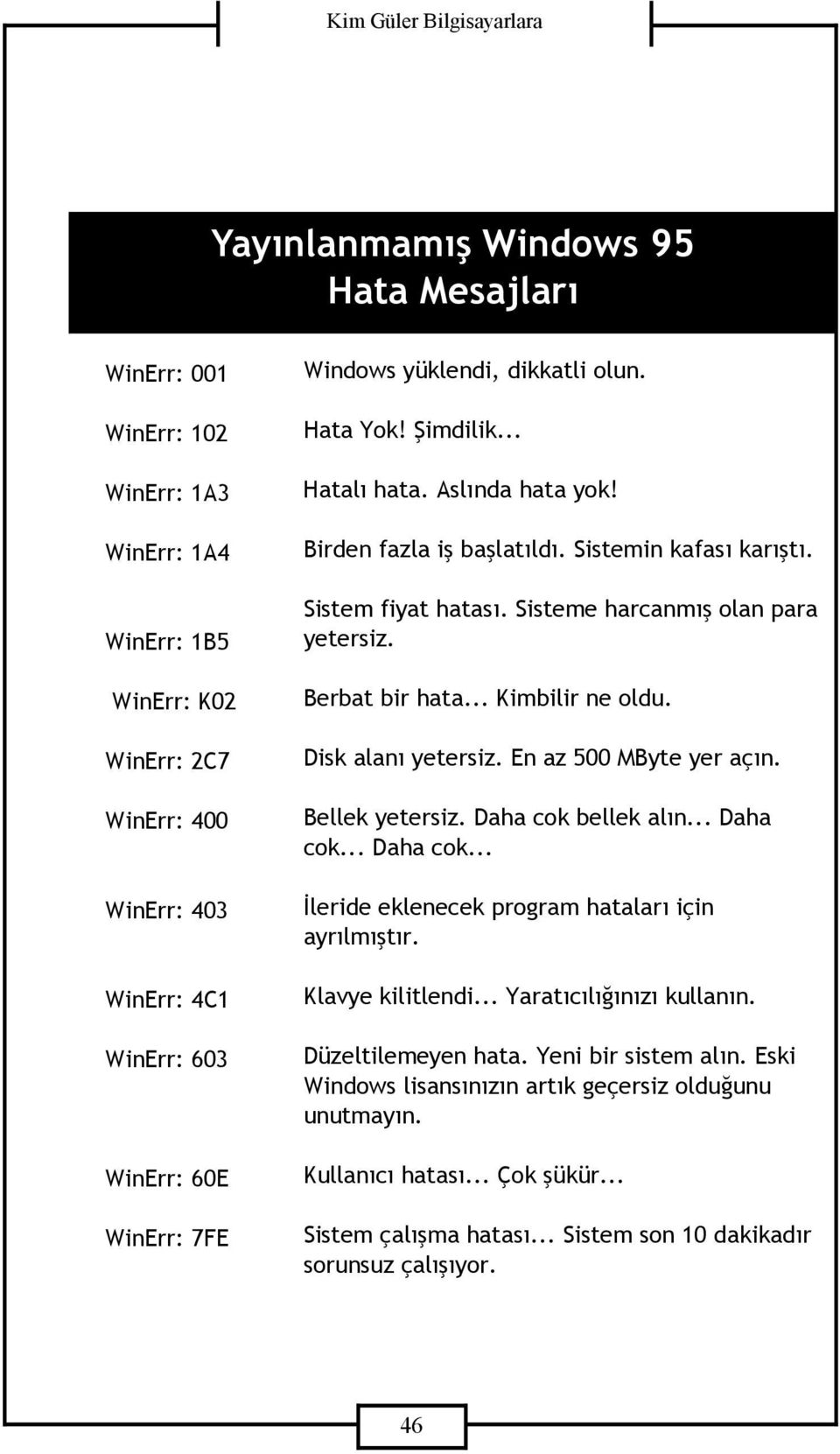 Berbat bir hata... Kimbilir ne oldu. Disk alanı yetersiz. En az 500 MByte yer açın. Bellek yetersiz. Daha cok bellek alın... Daha cok... Daha cok... İleride eklenecek program hataları için ayrılmıştır.