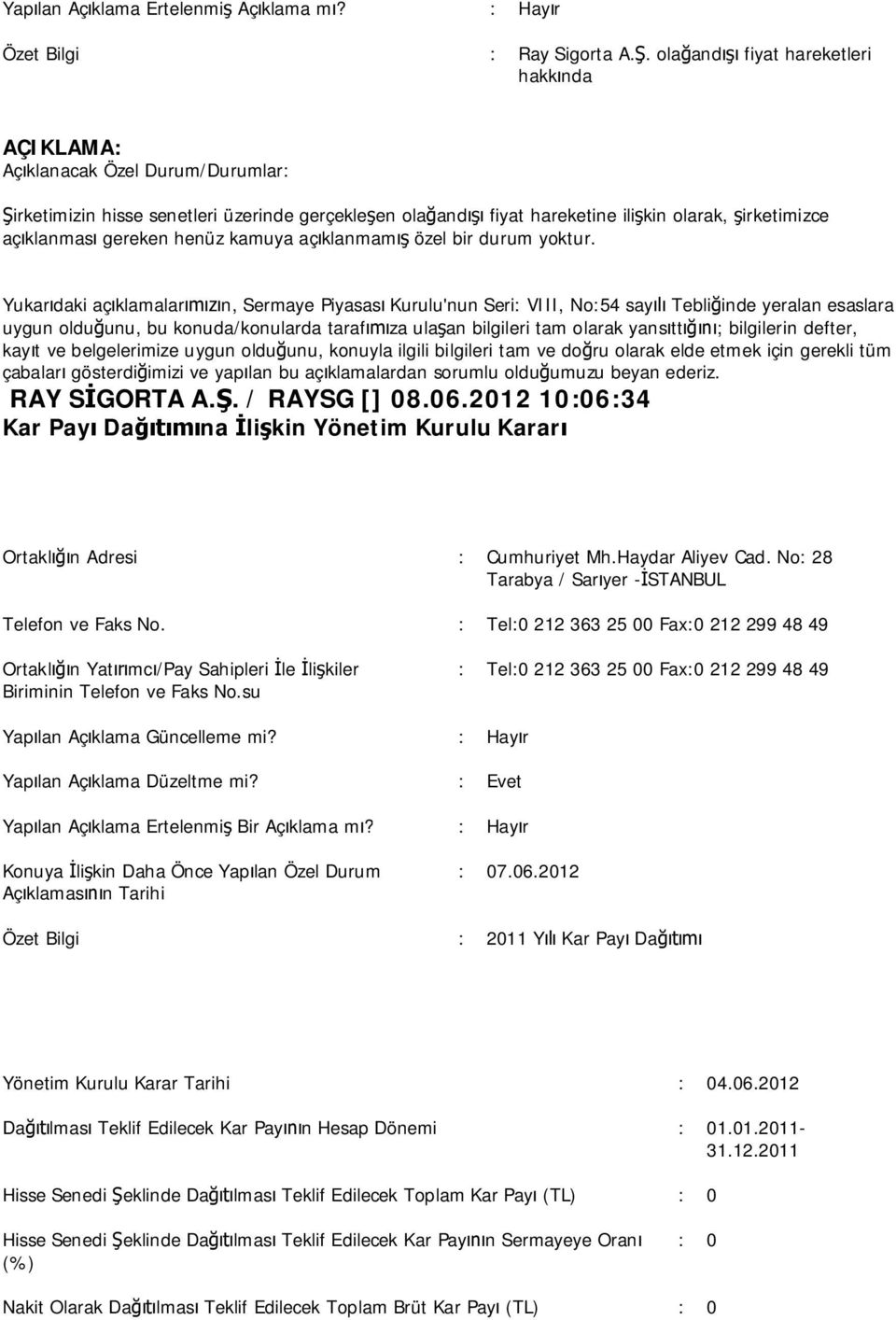 yoktur. RAY S GORTA A.. / RAYSG [] 08.06.2012 10:06:34 Kar Pay Da na li kin Yönetim Kurulu Karar Ortakl n Adresi : Cumhuriyet Mh.Haydar Aliyev Cad.