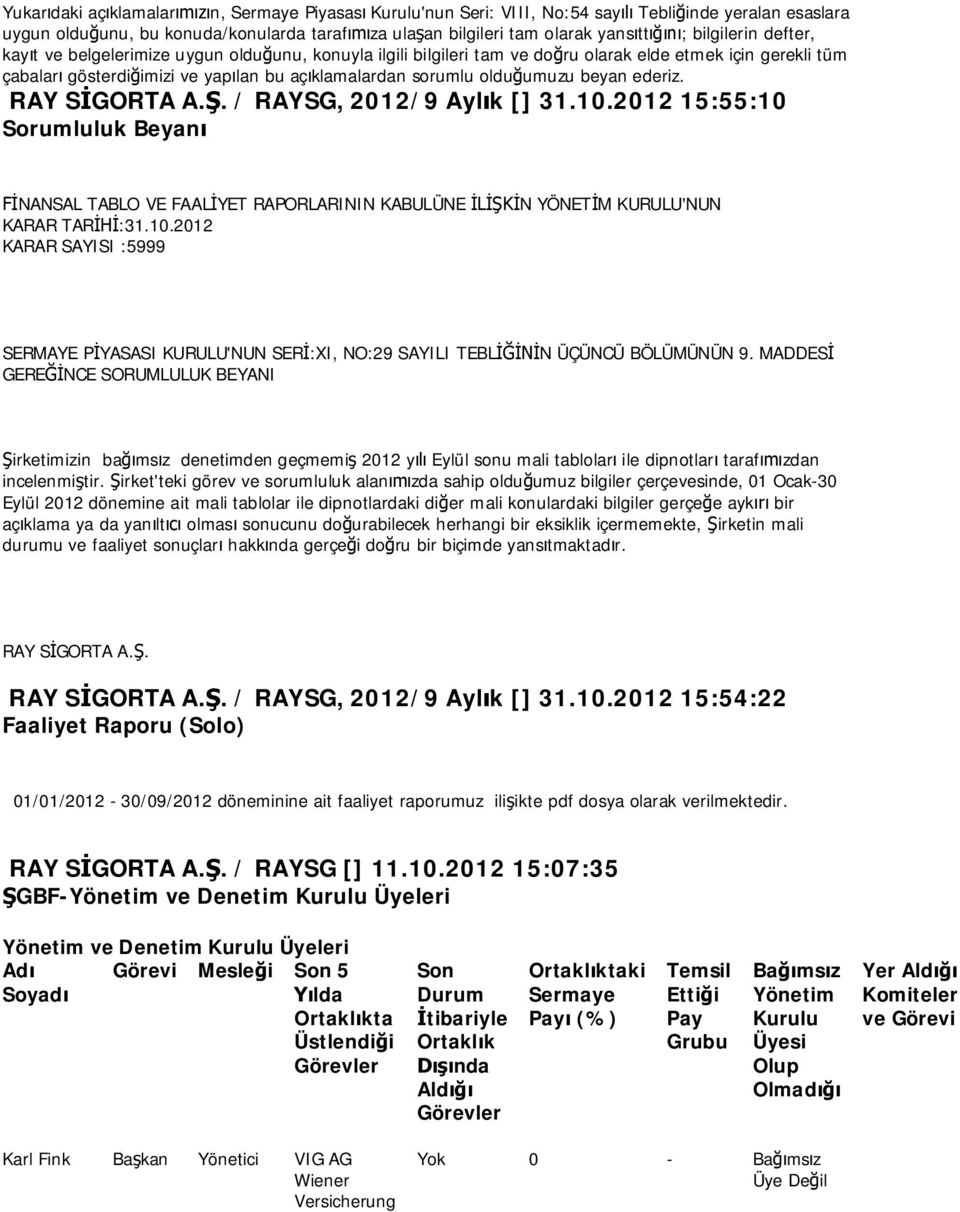 irket'teki görev ve sorumluluk alan zda sahip oldu umuz bilgiler çerçevesinde, 01 Ocak-30 Eylül 2012 dönemine ait mali tablolar ile dipnotlardaki di er mali konulardaki bilgiler gerçe e ayk bir aç