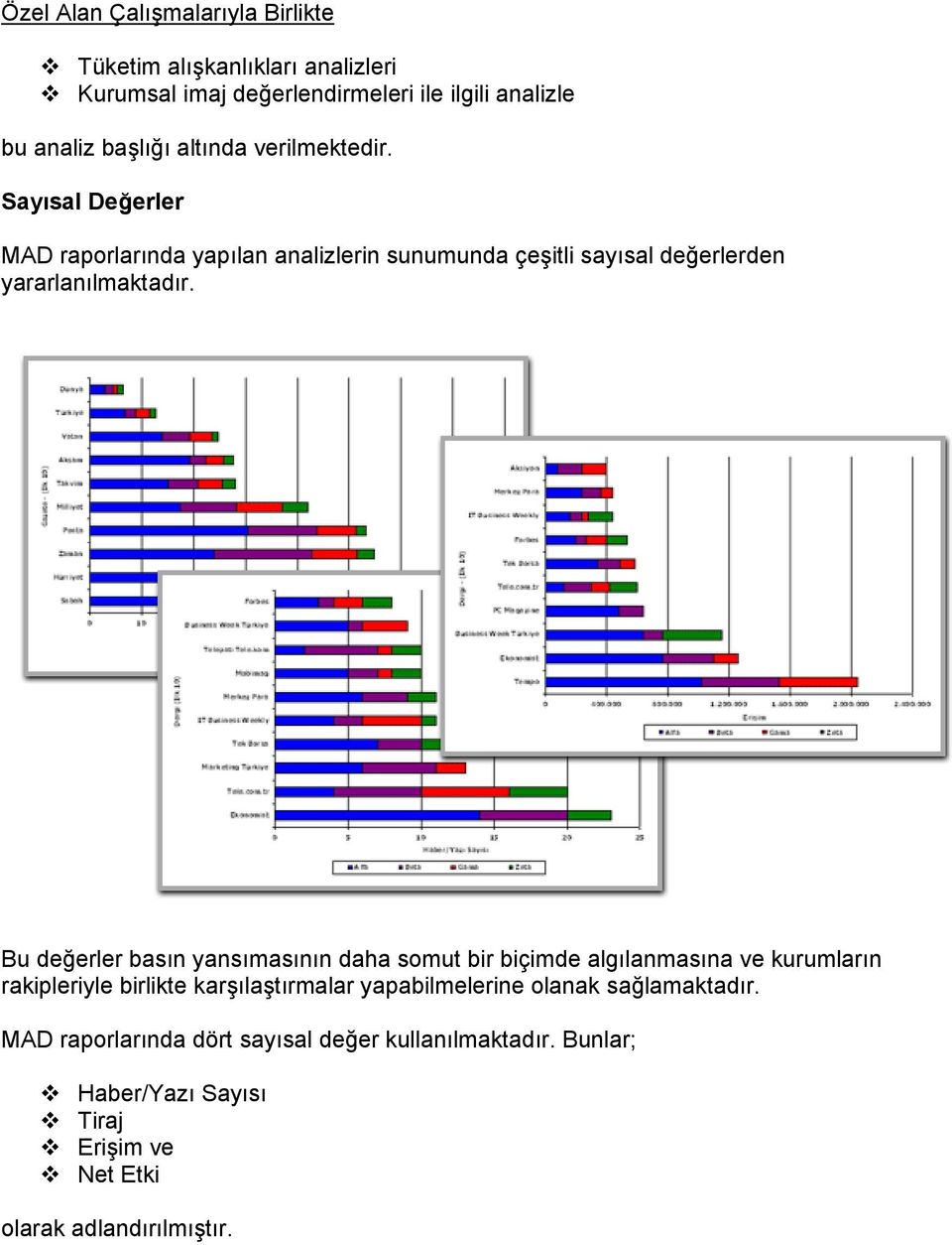 Bu değerler basın yansımasının daha somut bir biçimde algılanmasına ve kurumların rakipleriyle birlikte karşılaştırmalar yapabilmelerine