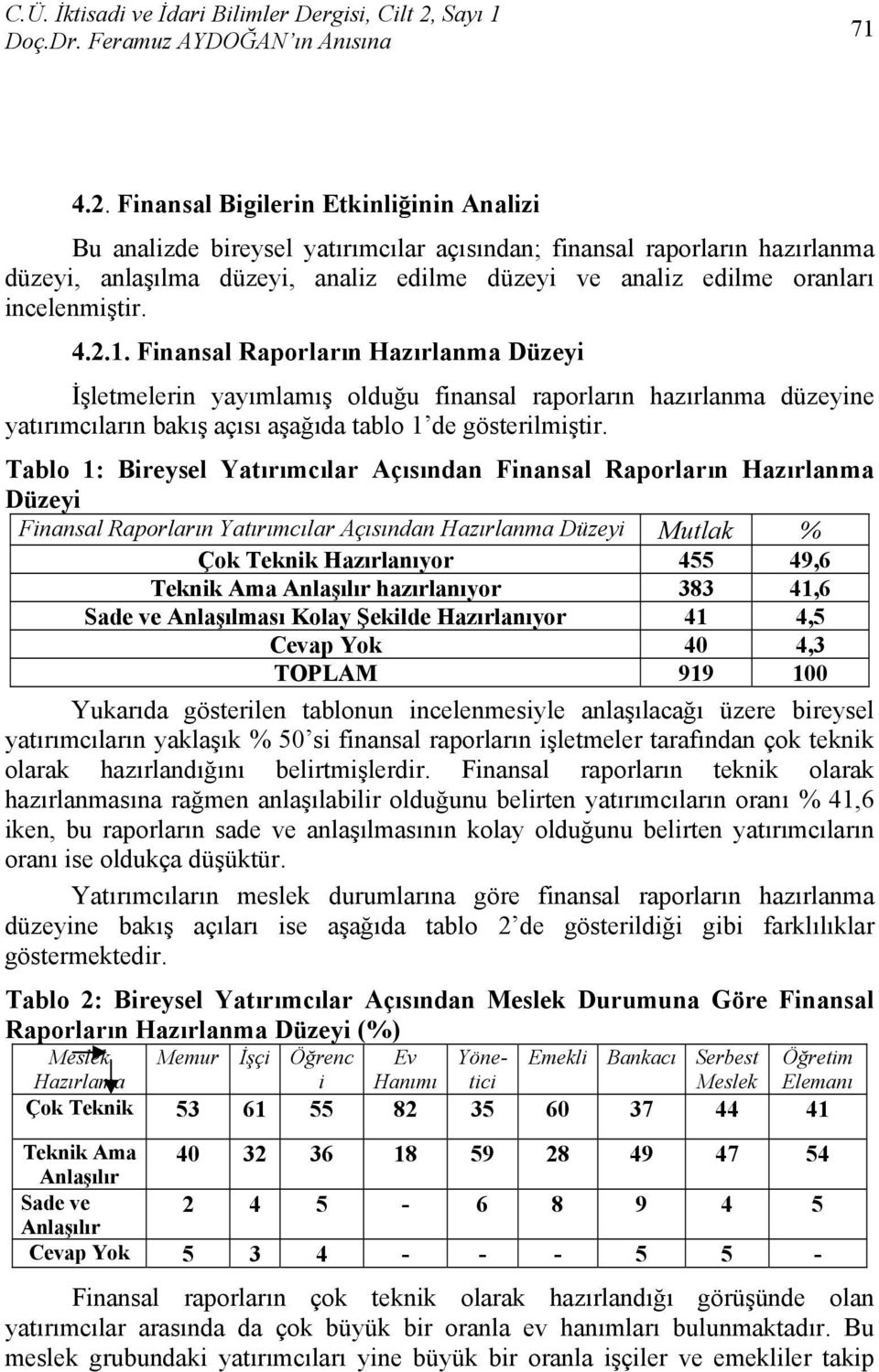 incelenmiştir. 4.2.1. Finansal Raporların Hazırlanma Düzeyi İşletmelerin yayımlamış olduğu finansal raporların hazırlanma düzeyine yatırımcıların bakış açısı aşağıda tablo 1 de gösterilmiştir.