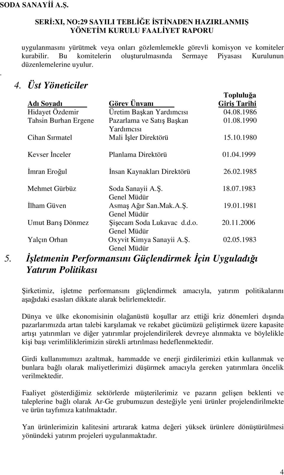 10.1980 Kevser İnceler Planlama Direktörü 01.04.1999 İmran Eroğul İnsan Kaynakları Direktörü 26.02.1985 Mehmet Gürbüz Soda Sanayii A.Ş. 18.07.1983 Genel Müdür İlham Güven Asmaş Ağır San.Mak.A.Ş. 19.