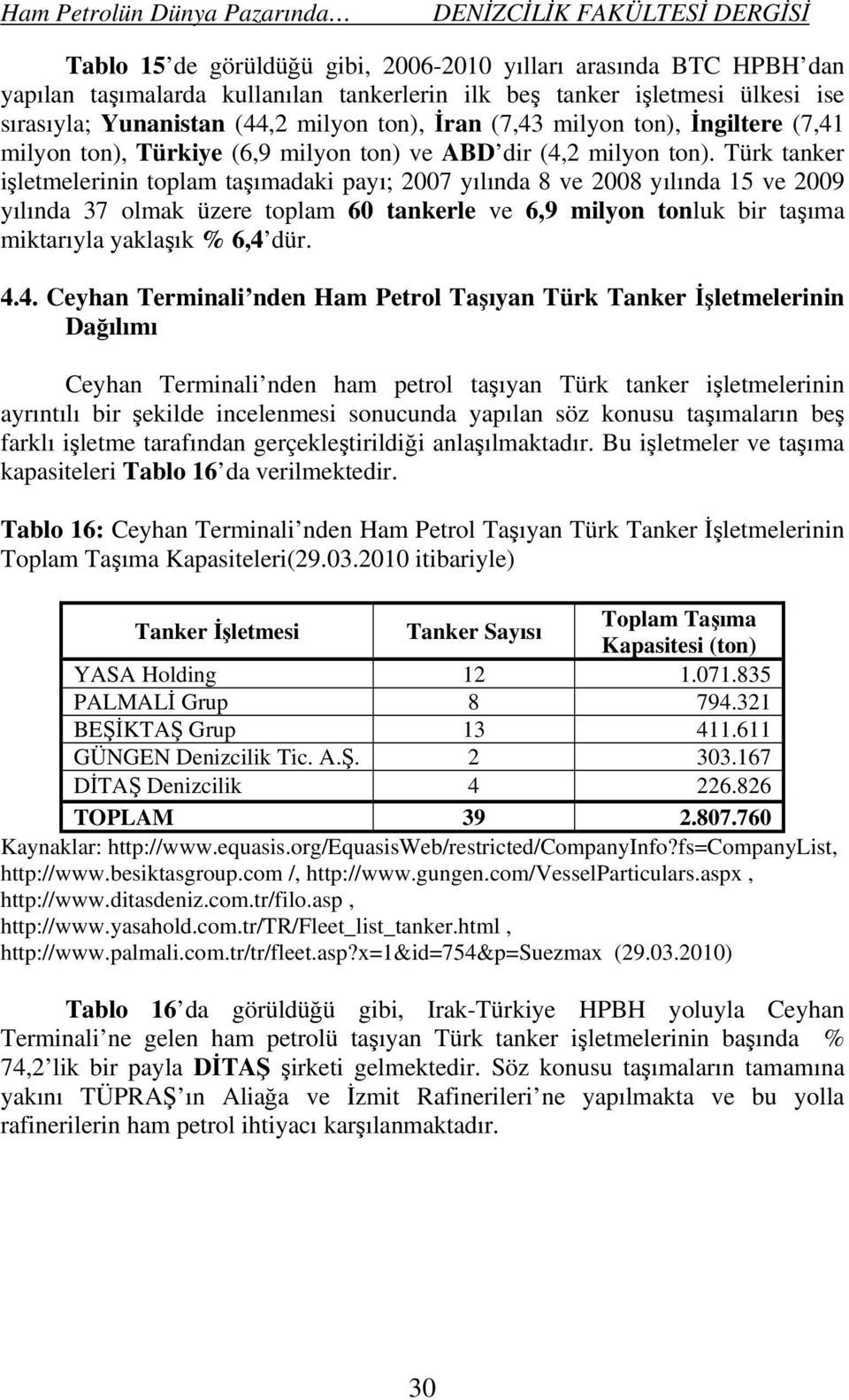 Türk tanker işletmelerinin toplam taşımadaki payı; 2007 yılında 8 ve 2008 yılında 15 ve 2009 yılında 37 olmak üzere toplam 60 tankerle ve 6,9 milyon tonluk bir taşıma miktarıyla yaklaşık % 6,4 dür. 4.