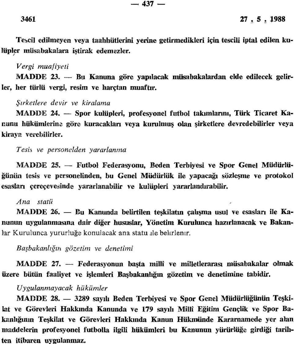 Spor kulüpleri, profesyonel futbol takımlarını, Türk Ticaret Kanunu hükümlerine göre kuracakları veya kurulmuş olan şirketlere devredebilirler veya kiraya verebilirler.