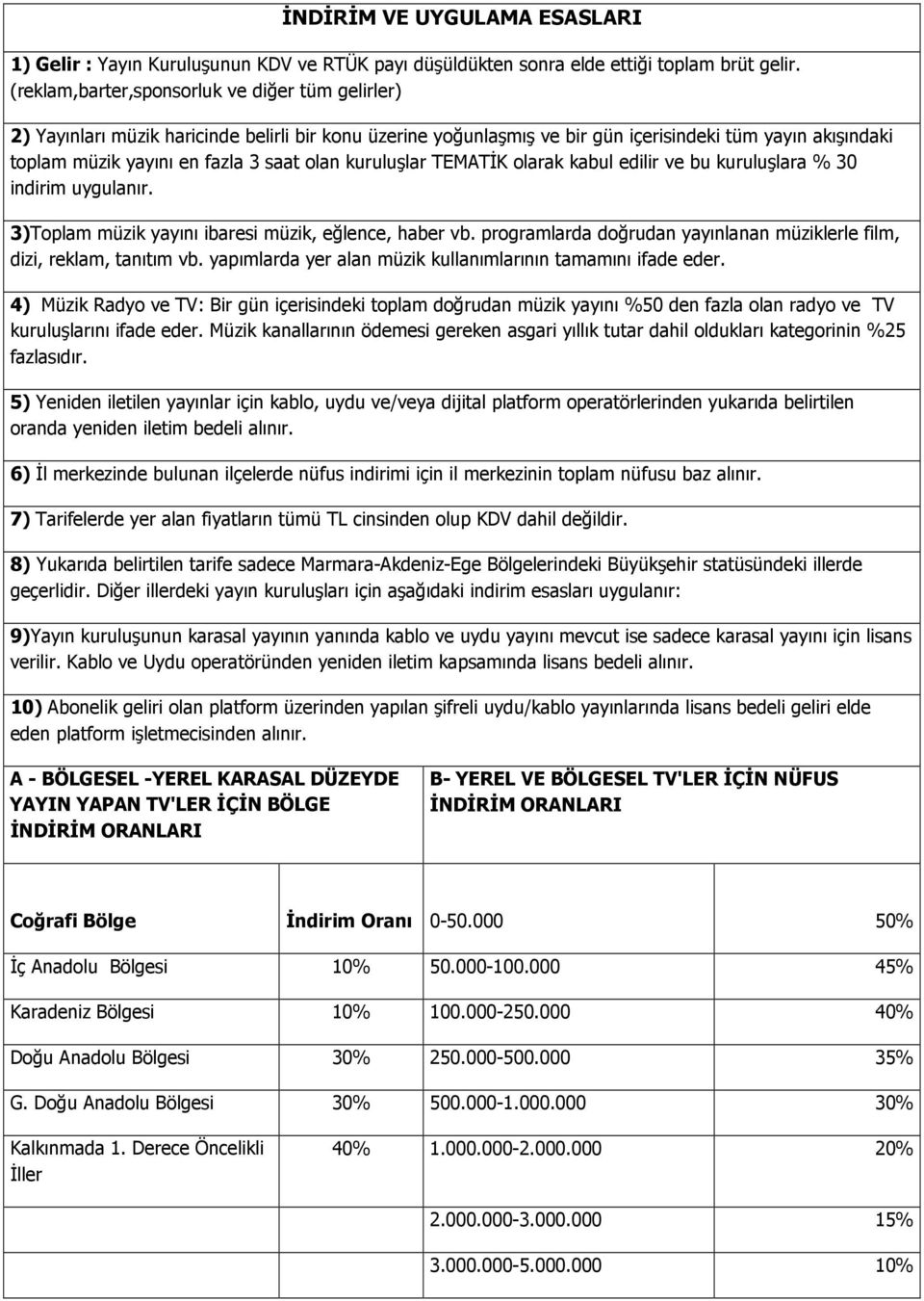 olan kuruluşlar TEMATĐK olarak kabul edilir ve bu kuruluşlara % 30 indirim uygulanır. 3)Toplam müzik yayını ibaresi müzik, eğlence, haber vb.