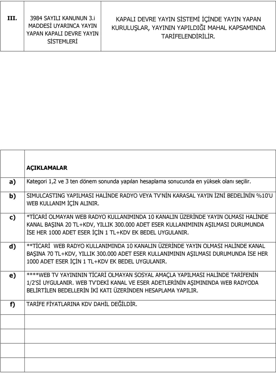 b) SIMULCASTING YAPILMASI HALĐNDE RADYO VEYA TV'NĐN KARASAL YAYIN ĐZNĐ BEDELĐNĐN %10'U WEB KULLANIM ĐÇĐN ALINIR.