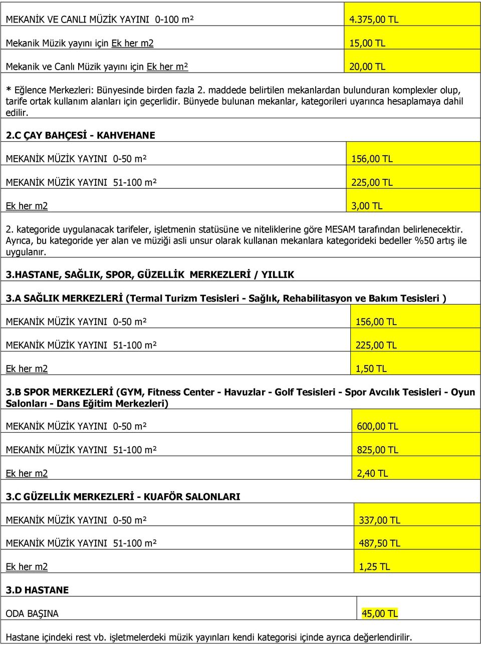 C ÇAY BAHÇESĐ - KAHVEHANE MEKANĐK MÜZĐK YAYINI 0-50 m² MEKANĐK MÜZĐK YAYINI 51-100 m² Ek her m2 156,00 TL 225,00 TL 3,00 TL 2.