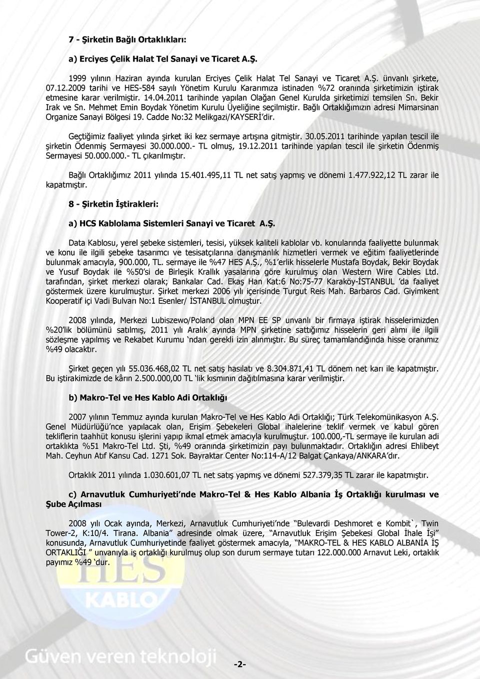 2011 tarihinde yapılan Olağan Genel Kurulda şirketimizi temsilen Sn. Bekir Irak ve Sn. Mehmet Emin Boydak Yönetim Kurulu Üyeliğine seçilmiştir.