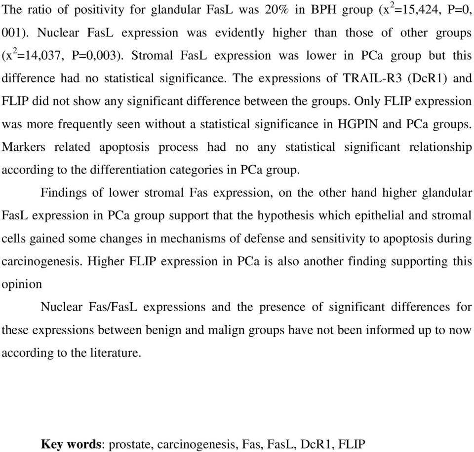 The expressions of TRAIL-R3 (DcR1) and FLIP did not show any significant difference between the groups.