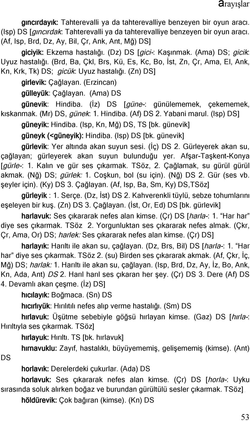 (Brd, Ba, Çkl, Brs, Kü, Es, Kc, Bo, İst, Zn, Çr, Ama, El, Ank, Kn, Krk, Tk) DS; gicük: Uyuz hastalığı. (Zn) DS] girlevik: Çağlayan. (Erzincan) gülleyük: Çağlayan. (Ama) DS günevik: Hindiba.