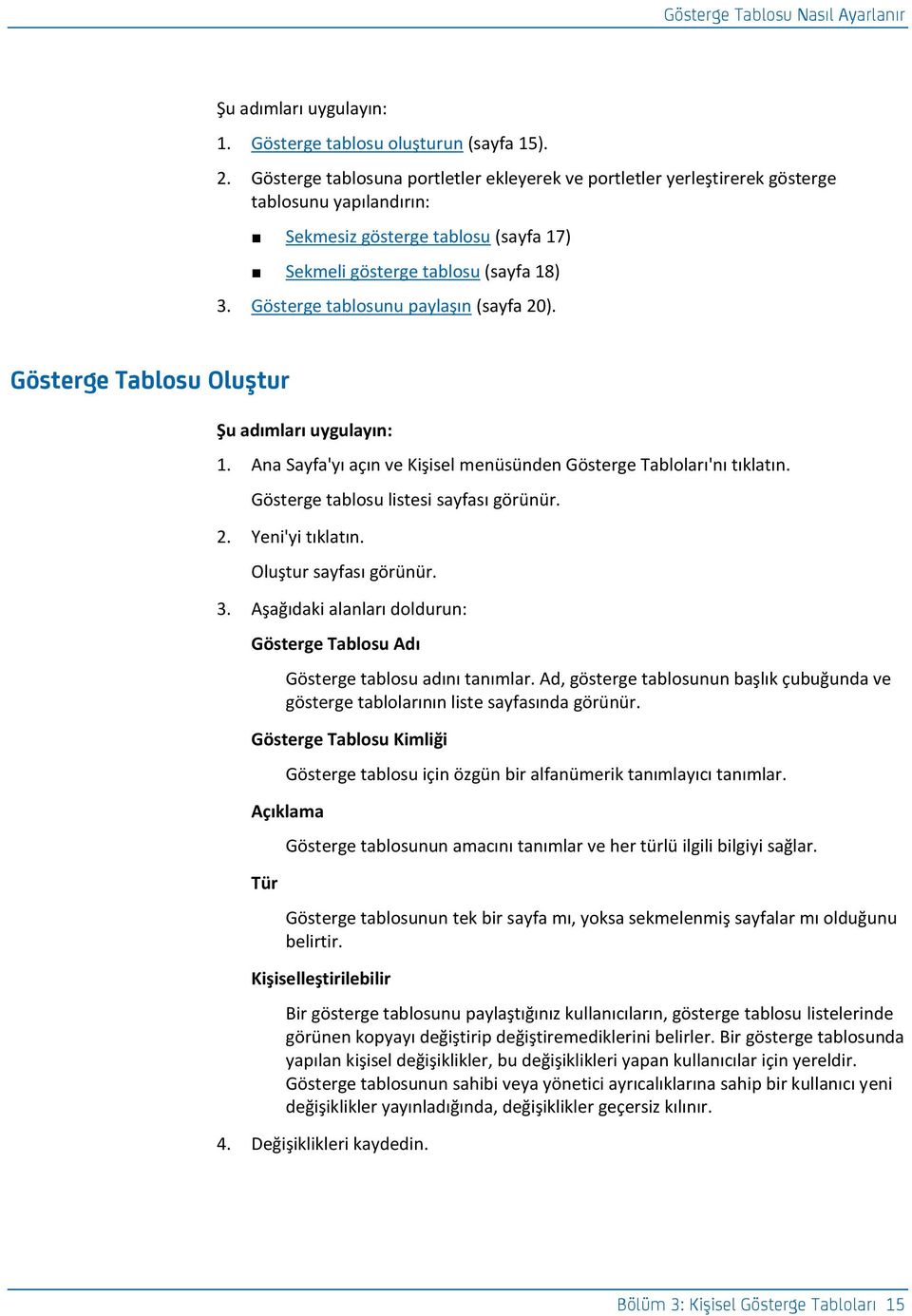 Gösterge tablosunu paylaşın (sayfa 20). Göst_ra_ T[\losu Oluştur 1. Ana Sayfa'yı açın ve Kişisel menüsünden Gösterge Tabloları'nı tıklatın. Gösterge tablosu listesi sayfası görünür. 2. Yeni'yi tıklatın.