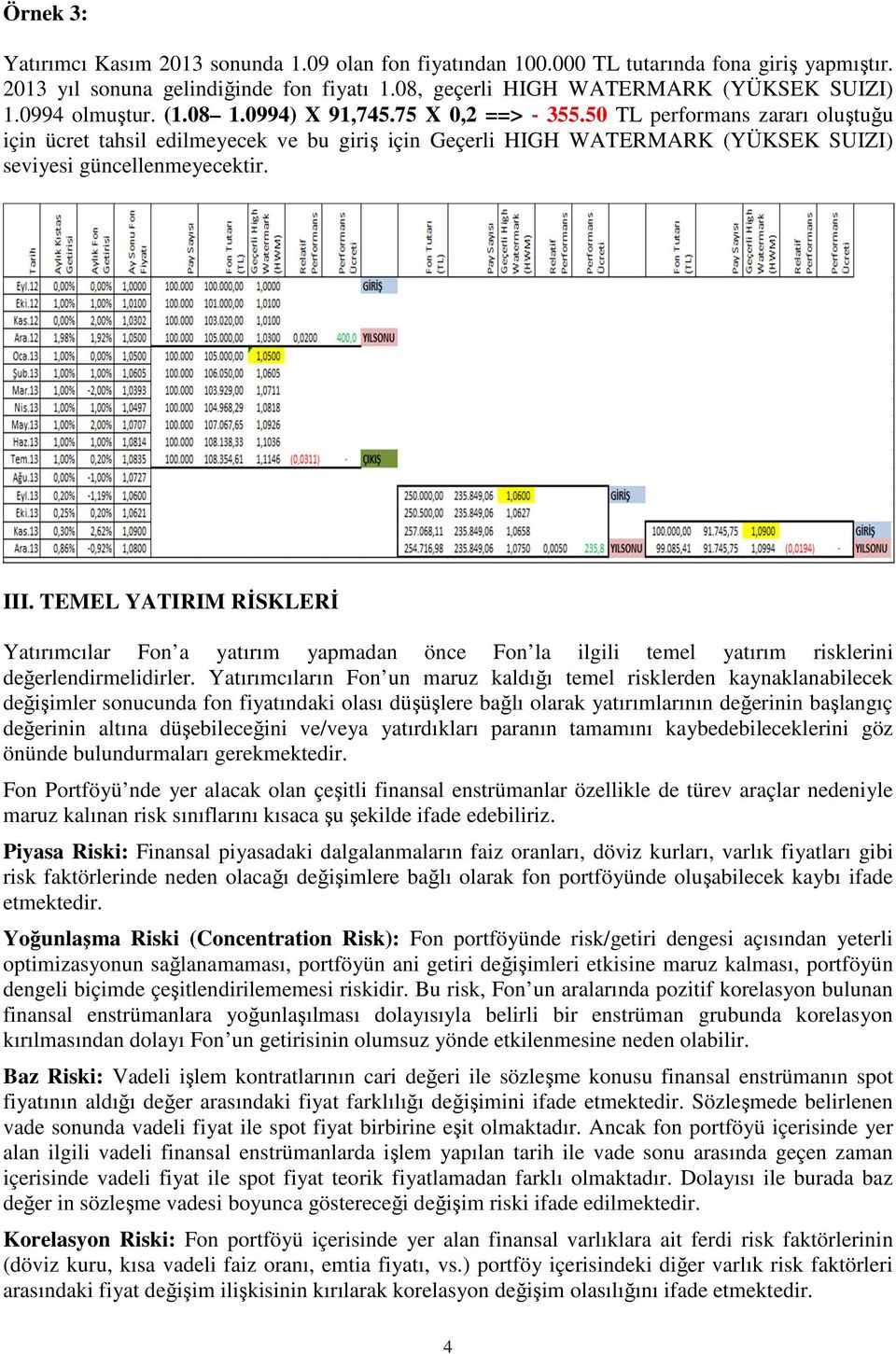 50 TL performans zararı oluştuğu için ücret tahsil edilmeyecek ve bu giriş için Geçerli HIGH WATERMARK (YÜKSEK SUIZI) seviyesi güncellenmeyecektir. III.