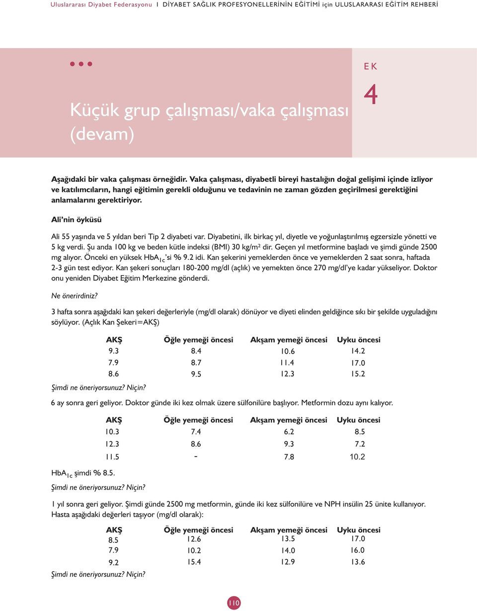 gerektiriyor. Ali nin öyküsü Ali 55 yaþýnda ve 5 yýldan beri Tip 2 diyabeti var. Diyabetini, ilk birkaç yýl, diyetle ve yoðunlaþtýrýlmýþ egzersizle yönetti ve 5 kg verdi.