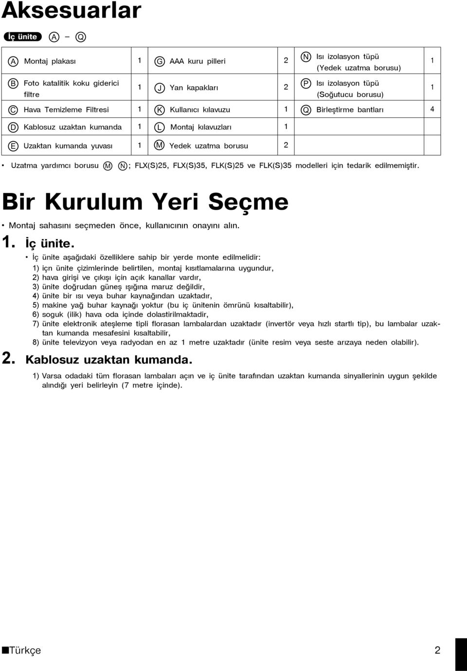 yardýmcý borusu M N ; FLX(S)25, FLX(S)35, FLK(S)25 ve FLK(S)35 modelleri için tedarik edilmemiþtir. Bir Kurulum Yeri Seçme Montaj sahasýný seçmeden önce, kullanýcýnýn onayýný alýn. 1. İç ünite.