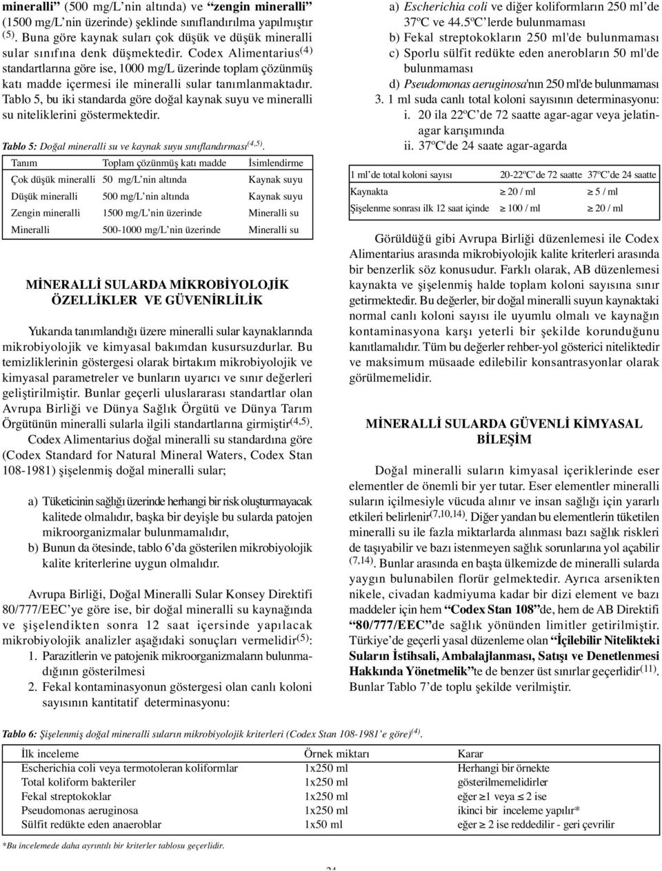 Tablo 5, bu iki standarda göre do al kaynak suyu ve mineralli su niteliklerini göstermektedir. Tablo 5: Do al mineralli su ve kaynak suyu sınıflandırması (4,5).