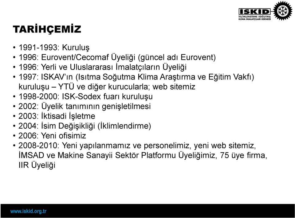 fuarı kuruluşu 2002: Üyelik tanımının genişletilmesi 2003: İktisadi İşletme 2004: İsim Değişikliği (İklimlendirme) 2006: Yeni ofisimiz