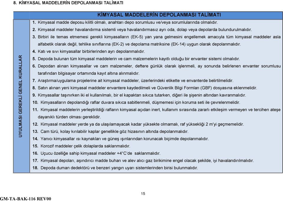 Kimyasal maddeler havalandırma sistemli veya havalandırmasız ayrı oda, dolap veya depolarda bulundurulmalıdır. 3.