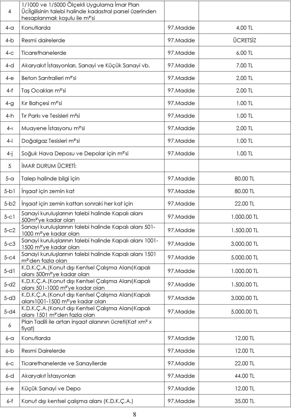 7,00 TL 4-e Beton Santralleri m²'si,00 TL 4-f Taş Ocakları m²'si,00 TL 4-g Kır Bahçesi m²'si 1,00 TL 4-h Tır Parkı ve Tesisleri m²si 1,00 TL 4-ı Muayene İstasyonu m²'si,00 TL 4-i Doğalgaz Tesisleri