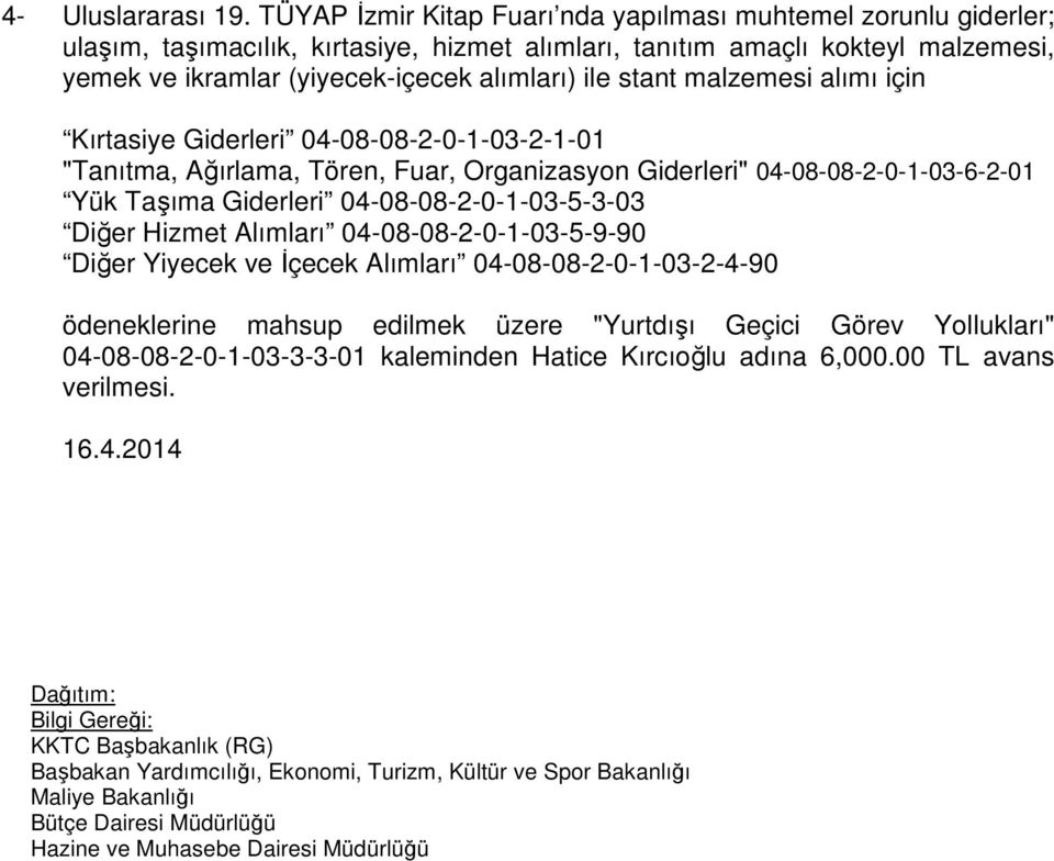 alımları) ile stant malzemesi alımı için Kırtasiye Giderleri 04-08-08-2-0-1-03-2-1-01 "Tanıtma, Ağırlama, Tören, Fuar, Organizasyon Giderleri" 04-08-08-2-0-1-03-6-2-01 Yük Taşıma