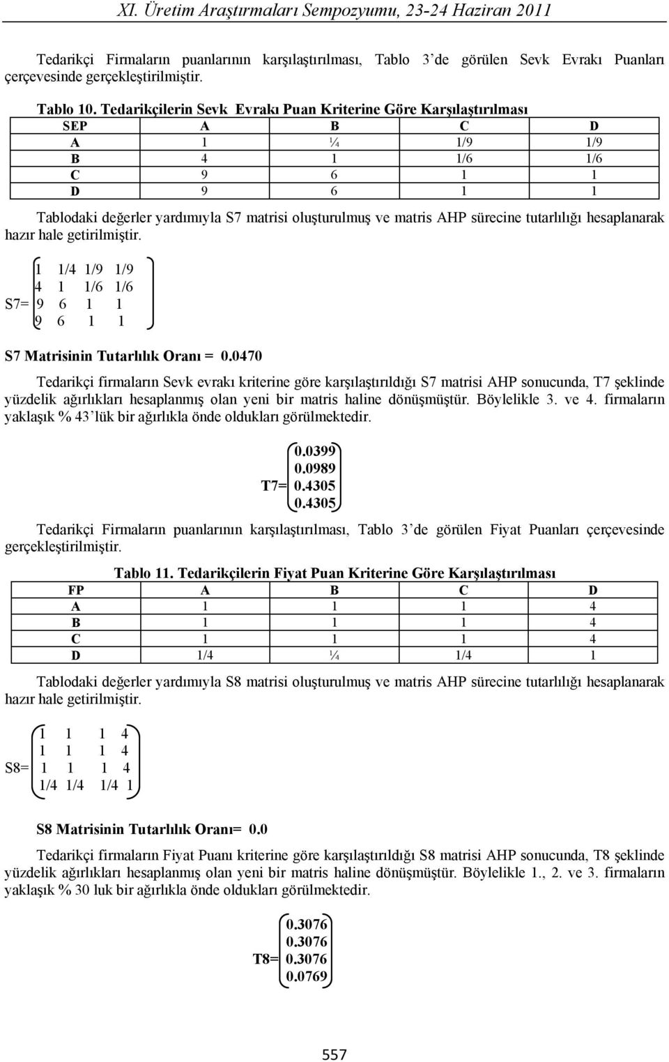 tutarl l hesaplanarak 1 1/4 1/9 1/9 4 1 1/6 1/6 S7= 9 6 1 1 9 6 1 1 S7 Matrisinin Tutarl l k Oran = 0.