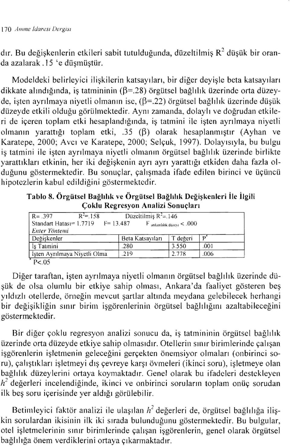 28) örgütsel bağlılık üzerinde orta düzeyde, işten ayrılmaya niyetli olmanın ise, (~=.22) örgütsel bağlılık üzerinde düşük düzeyde etkili olduğu görülmektedir.