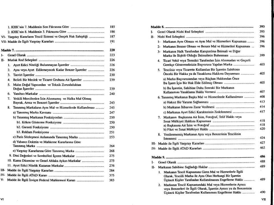 226 1. Ayırt Edici Niteliği Bulunmayan işaretler 226 2. Aynı veya Ayırt Edilemeyecek Kadar Benzer işaretler 226 3. Tasviri işaretler 230 4. Belirli Bir Meslek ve Ticaret Grubuna Ait işaretler 239 5.
