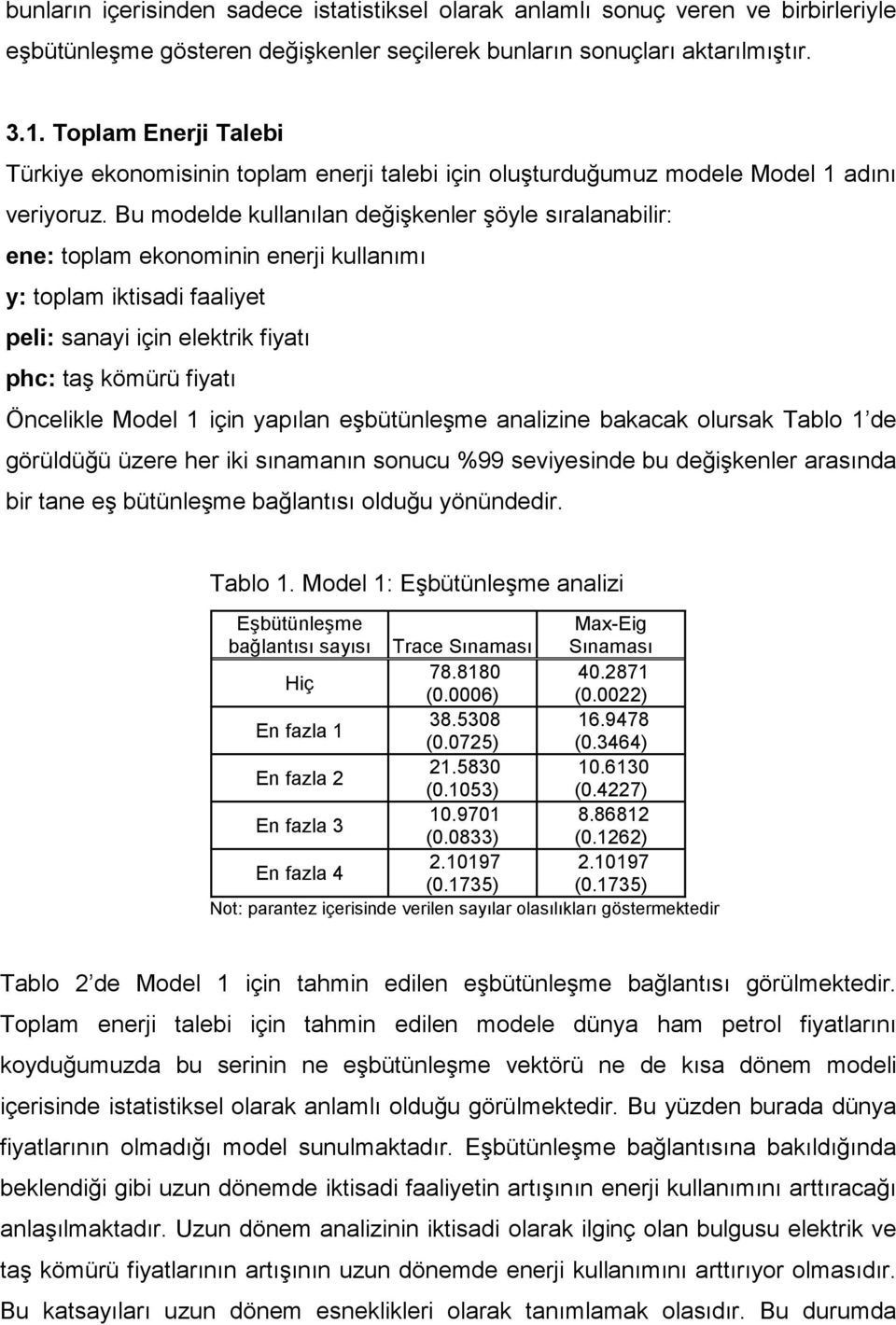 Bu modelde kullanılan değişkenler şöyle sıralanabilir: ene: toplam ekonominin enerji kullanımı y: toplam iktisadi faaliyet peli: sanayi için elektrik fiyatı phc: taş kömürü fiyatı Öncelikle Model 1