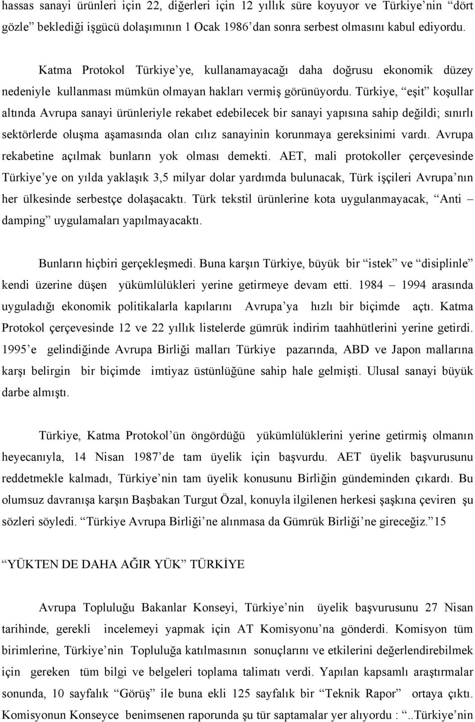 Türkiye, eşit koşullar altında Avrupa sanayi ürünleriyle rekabet edebilecek bir sanayi yapısına sahip değildi; sınırlı sektörlerde oluşma aşamasında olan cılız sanayinin korunmaya gereksinimi vardı.