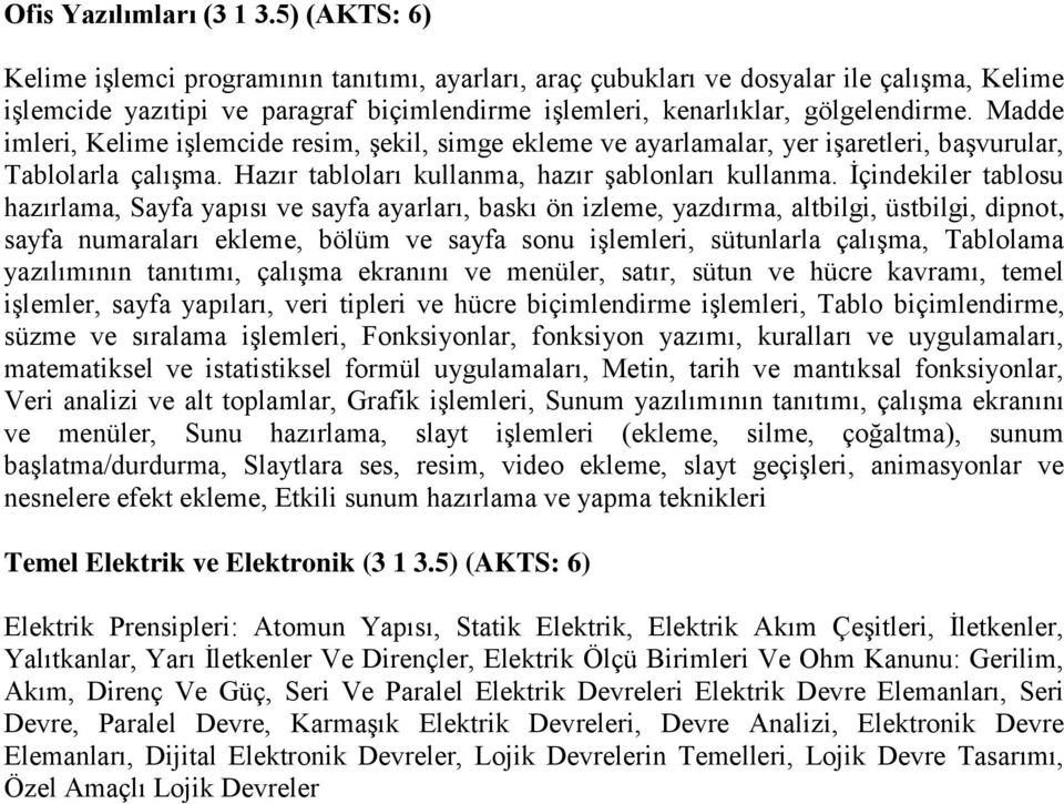 Madde imleri, Kelime işlemcide resim, şekil, simge ekleme ve ayarlamalar, yer işaretleri, başvurular, Tablolarla çalışma. Hazır tabloları kullanma, hazır şablonları kullanma.