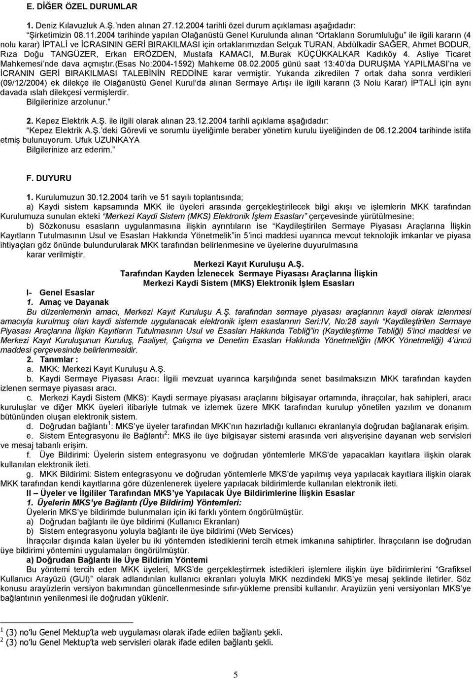 SAĞER, Ahmet BODUR, Rıza Doğu TANGÜZER, Erkan ERÖZDEN, Mustafa KAMACI, M.Burak KÜÇÜKKALKAR Kadıköy 4. Asliye Ticaret Mahkemesi nde dava açmıştır.(esas No:2004-1592) Mahkeme 08.02.