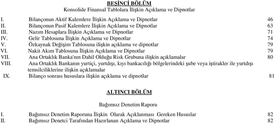 Nakit Akım Tablosuna likin Açıklama ve Dipnotlar 79 VII. Ana Ortaklık Banka'nın Dahil Olduu Risk Grubuna ilikin açıklamalar 80 VIII.