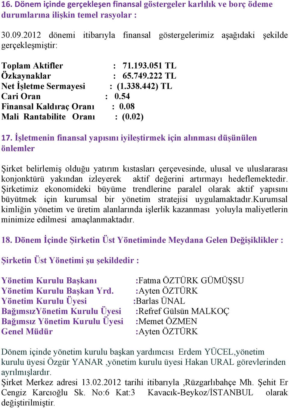 54 Finansal Kaldıraç Oranı : 0.08 Mali Rantabilite Oranı : (0.02) 17.